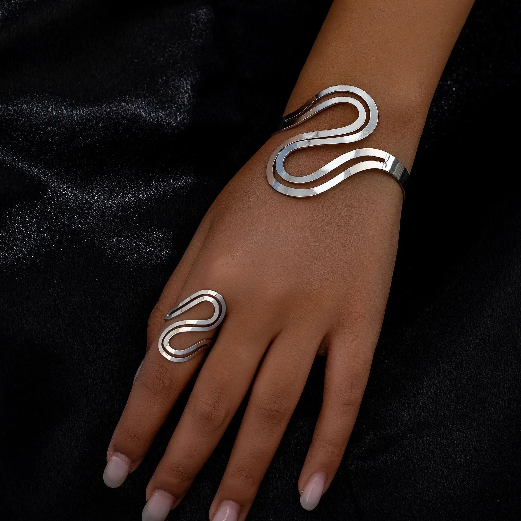 Adjustable Modern Swirl Bracelet and Ring Set