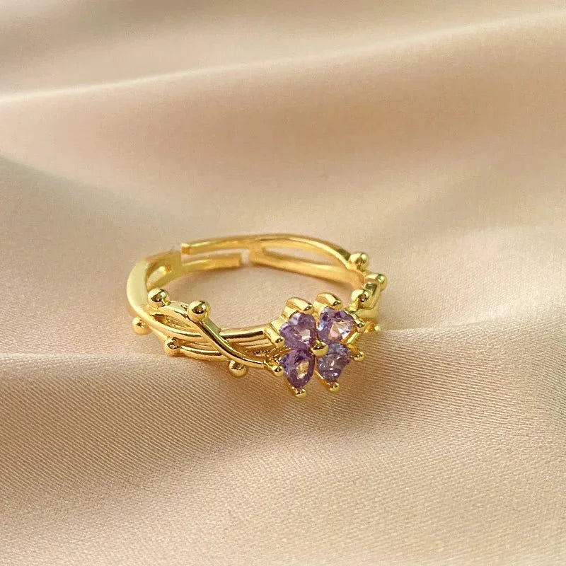 Adjustable Amethyst Violet Floral Ring
