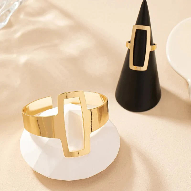 Adjustable Geometric Rectangle Bracelet and Ring Set