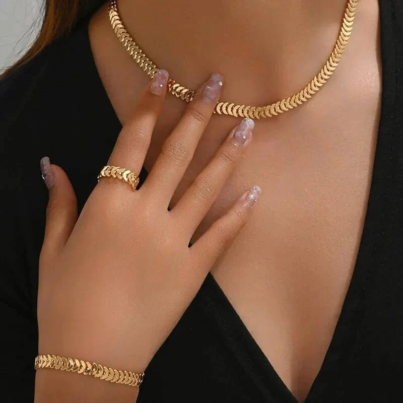 Classy Fishbone Necklace, Bracelet, and Ring Set