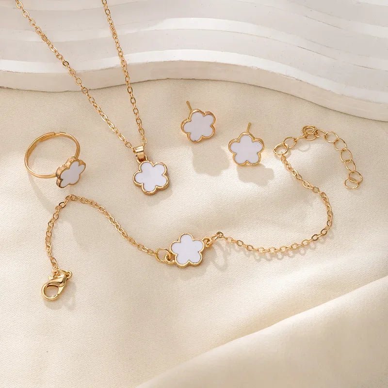 Dainty Lucky Floral Clover Necklace, Bracelet, Earrings, and Rings Set